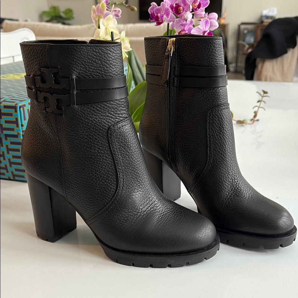 New in box Tory Burch Leigh lug sole bootie, black leather, size 6.5M